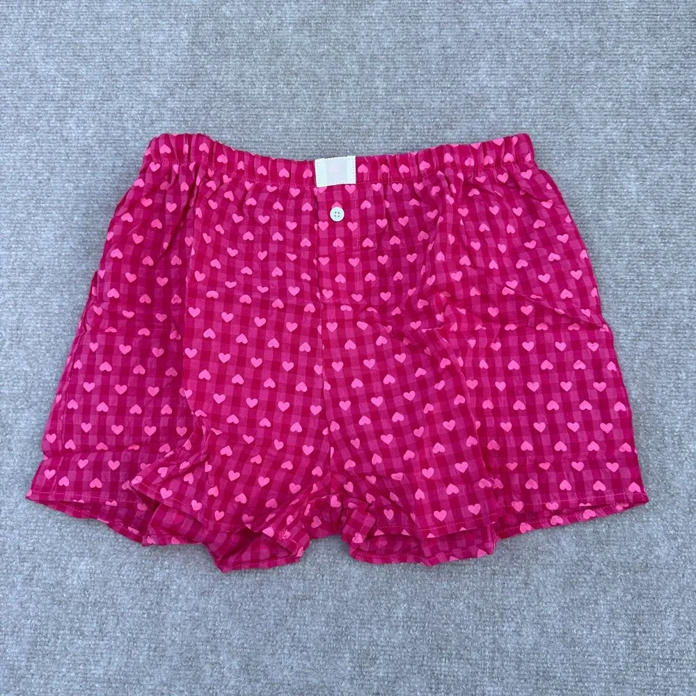 Women's Pink Heart Print M Pajama Shorts Micro Button Boxers Elastic Waist Cute